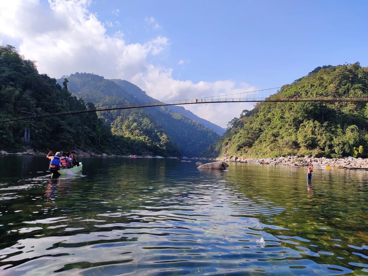 Dawki bridge over the Umngot river, near the Dawki Land Port on the India-Bangladesh border, Meghalaya